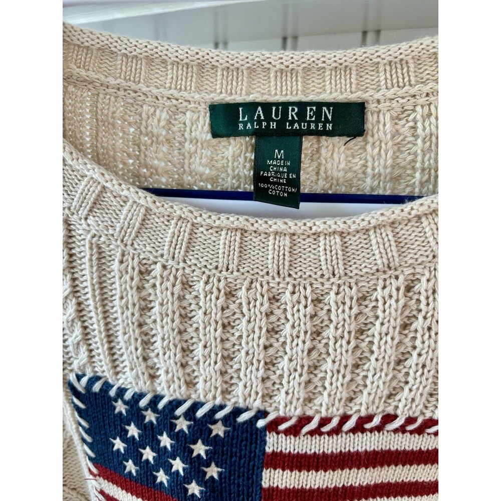 Vtg Ralph Lauren American Flag Aran Cable Knit Sweater 100% Cotton Cream Size M - Picture 4 of 11